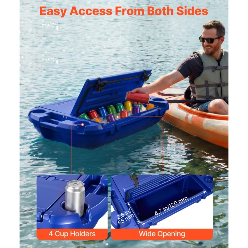 VEVOR Floating Cooler, 40 QT Floating Ice Chest with Dry Storage & Tow Rope, Premium LLDPE Amphibious Drink Cooler for Water & Land, Smooth Stable Cruiser on Lake, River, Pool, Beach, Kayak, Deep Blue