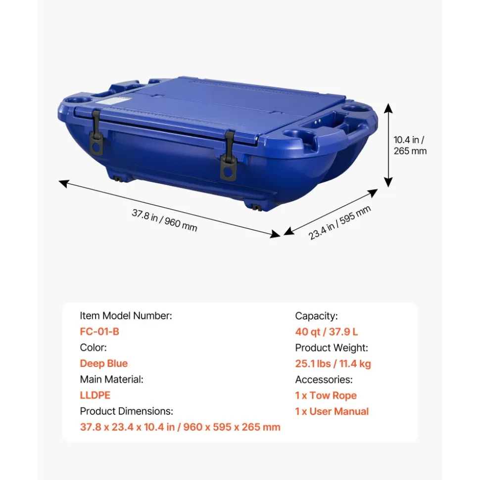 VEVOR Floating Cooler, 40 QT Floating Ice Chest with Dry Storage & Tow Rope, Premium LLDPE Amphibious Drink Cooler for Water & Land, Smooth Stable Cruiser on Lake, River, Pool, Beach, Kayak, Deep Blue
