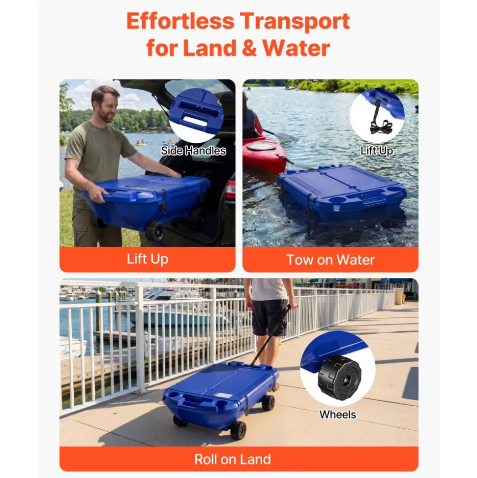 VEVOR Floating Cooler, 40 QT Floating Ice Chest with Dry Storage, Wheels & Tow Rope, Premium LLDPE Amphibious Drink Cooler for Water & Land, Cruise Stable on Lake, River, Pool, Beach, Kayak, Deep Blue