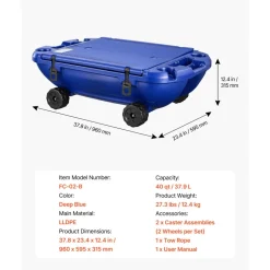 VEVOR Floating Cooler, 40 QT Floating Ice Chest with Dry Storage, Wheels & Tow Rope, Premium LLDPE Amphibious Drink Cooler for Water & Land, Cruise Stable on Lake, River, Pool, Beach, Kayak, Deep Blue