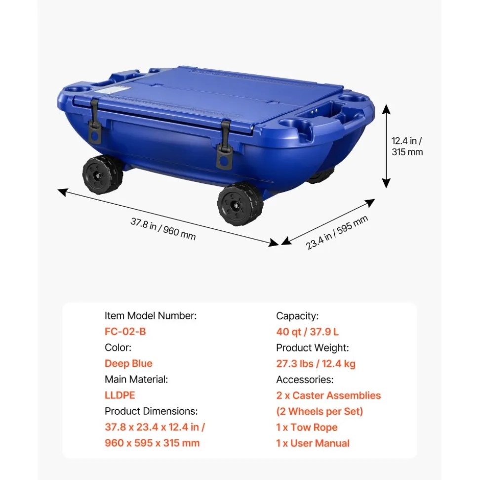 VEVOR Floating Cooler, 40 QT Floating Ice Chest with Dry Storage, Wheels & Tow Rope, Premium LLDPE Amphibious Drink Cooler for Water & Land, Cruise Stable on Lake, River, Pool, Beach, Kayak, Deep Blue