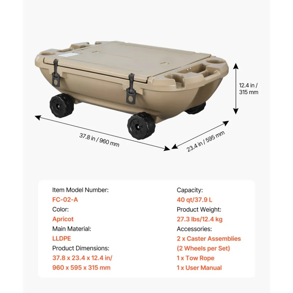 VEVOR Floating Cooler, 40 QT Floating Ice Chest with Dry Storage, Wheels & Tow Rope, Premium LLDPE Amphibious Drink Cooler for Water & Land, Stable Cruiser on Lake, River, Pool, Beach, Kayak, Apricot