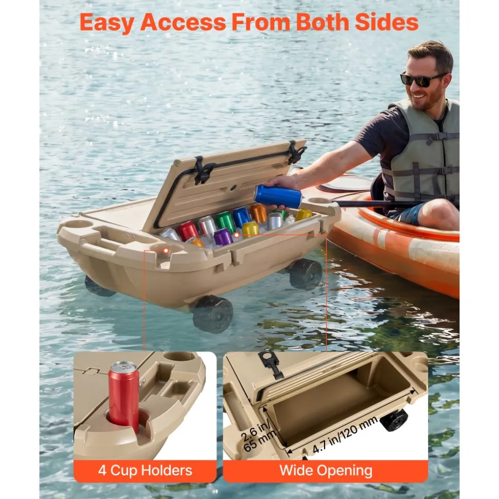 VEVOR Floating Cooler, 40 QT Floating Ice Chest with Dry Storage, Wheels & Tow Rope, Premium LLDPE Amphibious Drink Cooler for Water & Land, Stable Cruiser on Lake, River, Pool, Beach, Kayak, Apricot