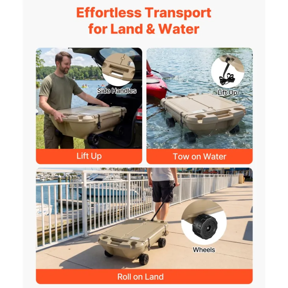 VEVOR Floating Cooler, 40 QT Floating Ice Chest with Dry Storage, Wheels & Tow Rope, Premium LLDPE Amphibious Drink Cooler for Water & Land, Stable Cruiser on Lake, River, Pool, Beach, Kayak, Apricot
