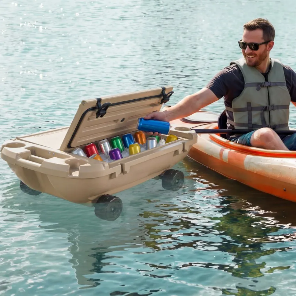 VEVOR Floating Cooler, 40 QT Floating Ice Chest with Dry Storage, Wheels & Tow Rope, Premium LLDPE Amphibious Drink Cooler for Water & Land, Stable Cruiser on Lake, River, Pool, Beach, Kayak, Apricot