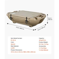 VEVOR Floating Cooler, 40 QT Floating Ice Chest with Dry Storage & Tow Rope, Premium LLDPE Amphibious Drink Cooler for Water & Land, Cruise Smoothly Stable on Lake, River, Pool, Beach, Kayak, Apricot