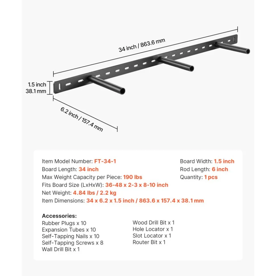 VEVOR Floating Shelf Brackets 2 Pcs, 150 lbs/68 kg Weight Capacity, 16x6.2x1.5 inch / 406.4x157.4x38.1 mm, Heavy Duty Hidden Shelf Brackets Support, Wall Mounting Invisible Floating Shelves Bracket