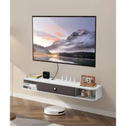 VEVOR Floating TV Stand, 47 in Wall Mount Entertainment Center with Cable Hole, Modern Floating TV Shelf with Storage Cabinet, Particle Board Console for DVD Player, Cable Box, Game Console, White