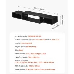 VEVOR Floating TV Stand, 59" Wall Mount Entertainment Center with Power Outlet & Cable Hole, Modern Floating TV Shelf with Storage Cabinet for DVD Player, Cable Box, Game Console, TV Accessory, Black