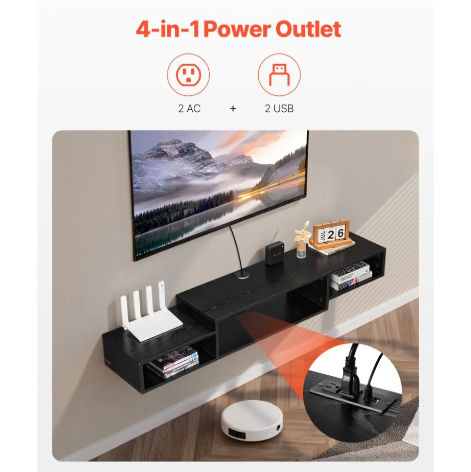 VEVOR Floating TV Stand, 59" Wall Mount Entertainment Center with Power Outlet & Cable Hole, Modern Floating TV Shelf with Storage Cabinet for DVD Player, Cable Box, Game Console, TV Accessory, Black