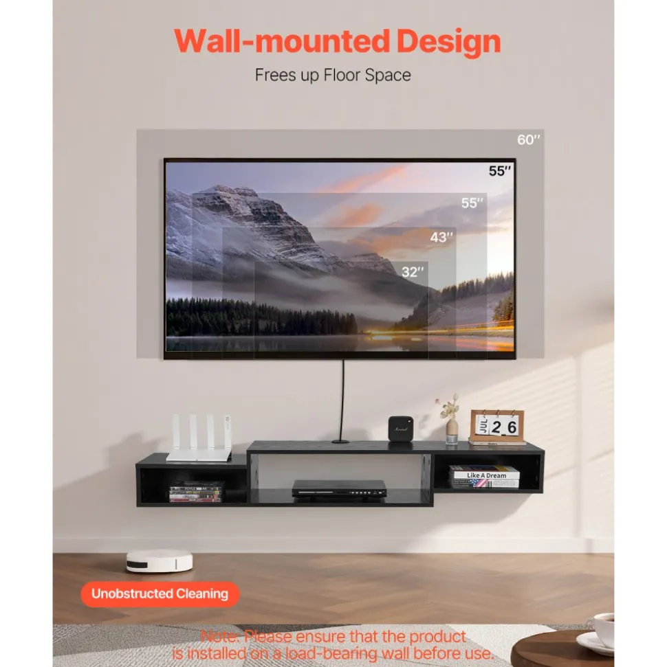 VEVOR Floating TV Stand, 59" Wall Mount Entertainment Center with Power Outlet & Cable Hole, Modern Floating TV Shelf with Storage Cabinet for DVD Player, Cable Box, Game Console, TV Accessory, Black