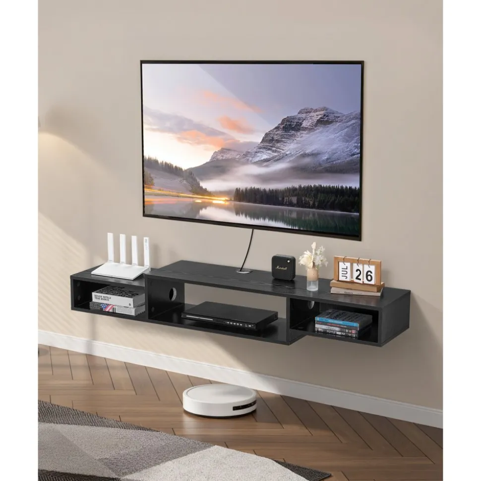 VEVOR Floating TV Stand, 59" Wall Mount Entertainment Center with Power Outlet & Cable Hole, Modern Floating TV Shelf with Storage Cabinet for DVD Player, Cable Box, Game Console, TV Accessory, Black