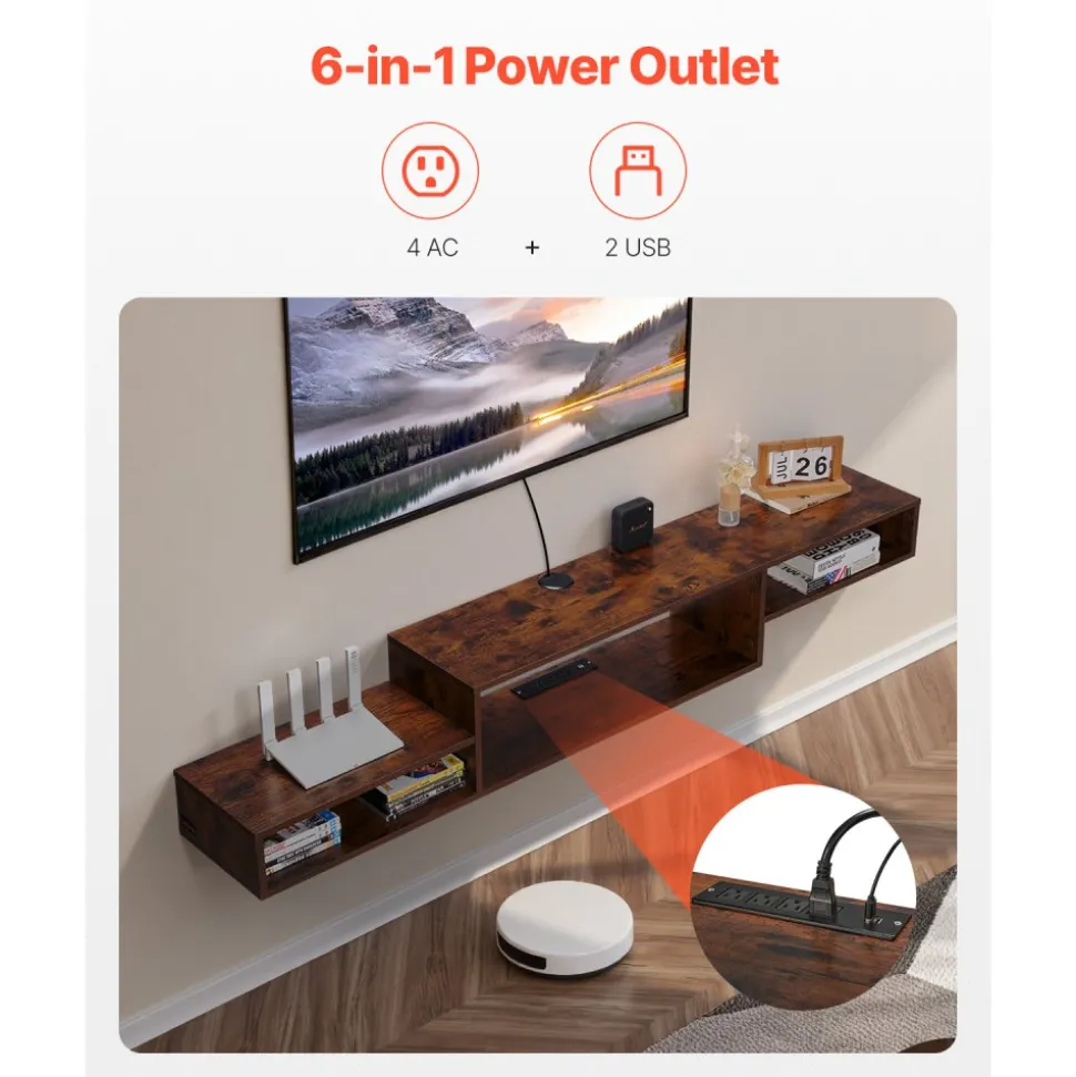 VEVOR Floating TV Stand, 70" Wall Mount Entertainment Center with Power Outlet & Cable Hole, Modern Floating TV Shelf with Storage Cabinet for DVD Player, Cable Box, Game Console, TV Accessory, Wood