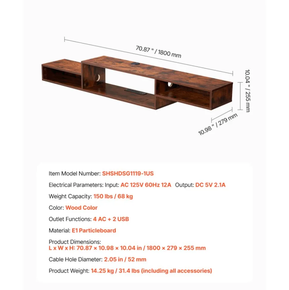 VEVOR Floating TV Stand, 70" Wall Mount Entertainment Center with Power Outlet & Cable Hole, Modern Floating TV Shelf with Storage Cabinet for DVD Player, Cable Box, Game Console, TV Accessory, Wood