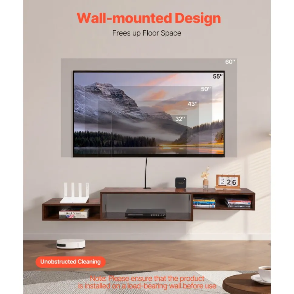 VEVOR Floating TV Stand, 70" Wall Mount Entertainment Center with Power Outlet & Cable Hole, Modern Floating TV Shelf with Storage Cabinet for DVD Player, Cable Box, Game Console, TV Accessory, Wood