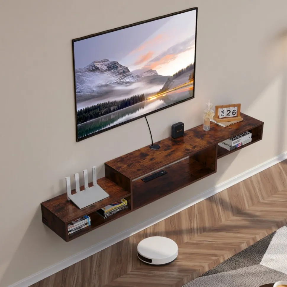 VEVOR Floating TV Stand, 70" Wall Mount Entertainment Center with Power Outlet & Cable Hole, Modern Floating TV Shelf with Storage Cabinet for DVD Player, Cable Box, Game Console, TV Accessory, Wood