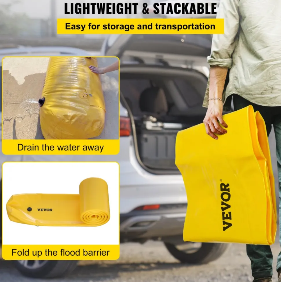 VEVOR Flood Bag, 24 ft Length x 12 in Height, Reusable PVC Water Diversion Tubes, Lightweight with Excellent Waterproof Effect Used for Doorways, Garages, Yellow