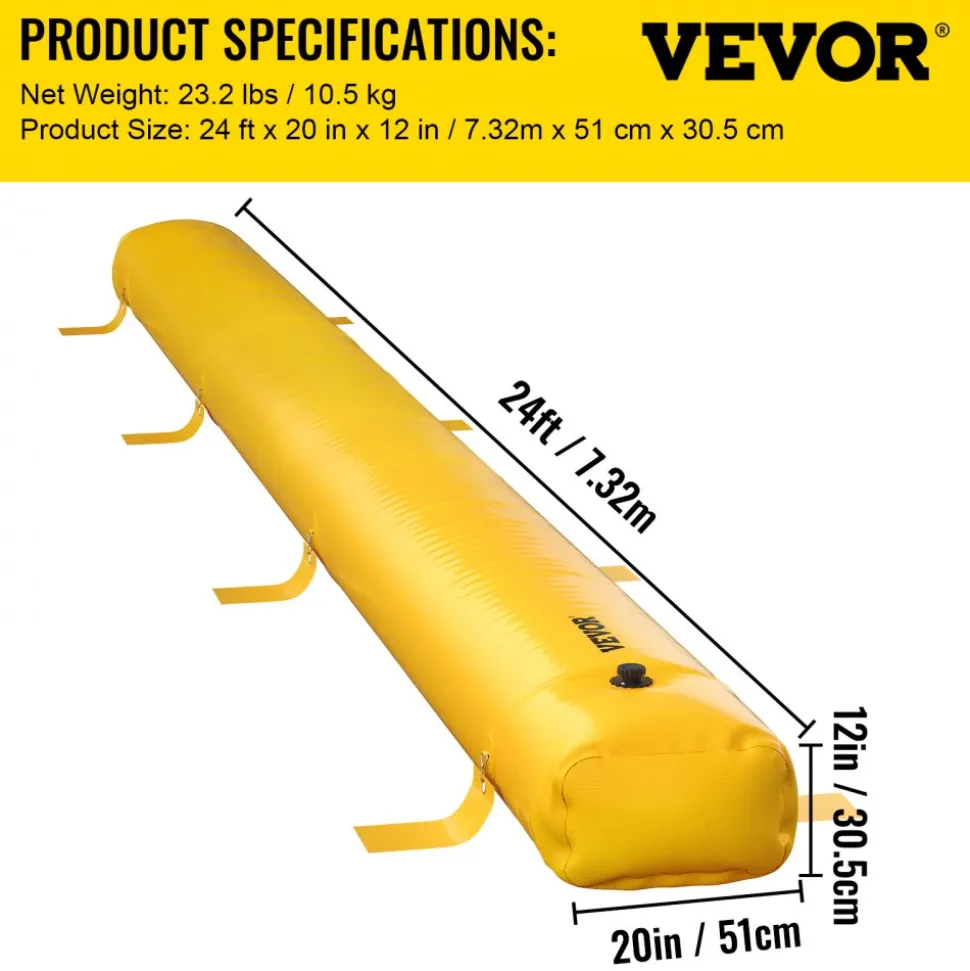VEVOR Flood Bag, 24 ft Length x 12 in Height, Reusable PVC Water Diversion Tubes, Lightweight with Excellent Waterproof Effect Used for Doorways, Garages, Yellow