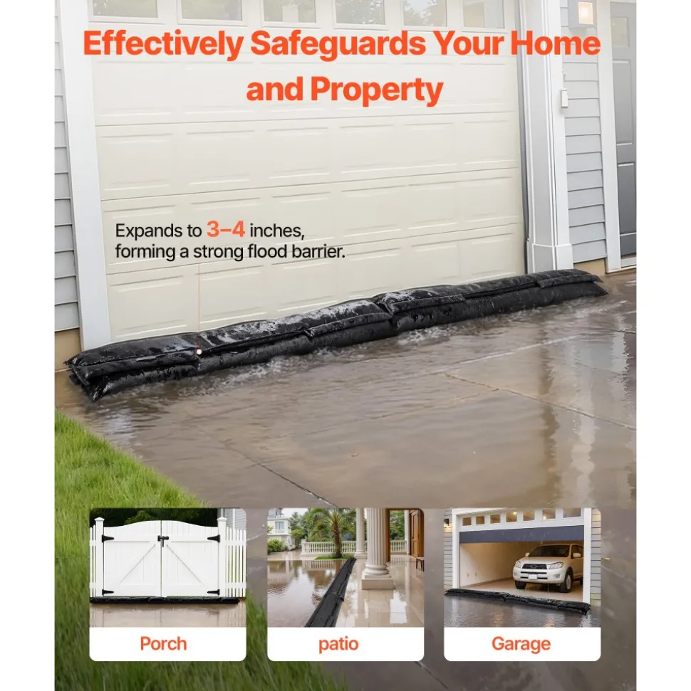 VEVOR Flood Barrier, 4 Pack, 5 x 0.7 ft Flood Bags Activated by Water, Reusable Water Absorbent Barrier, Sandless Sandbags Blockage, Flooding Prevention Bags for Home, Doorway, Basement, Garage