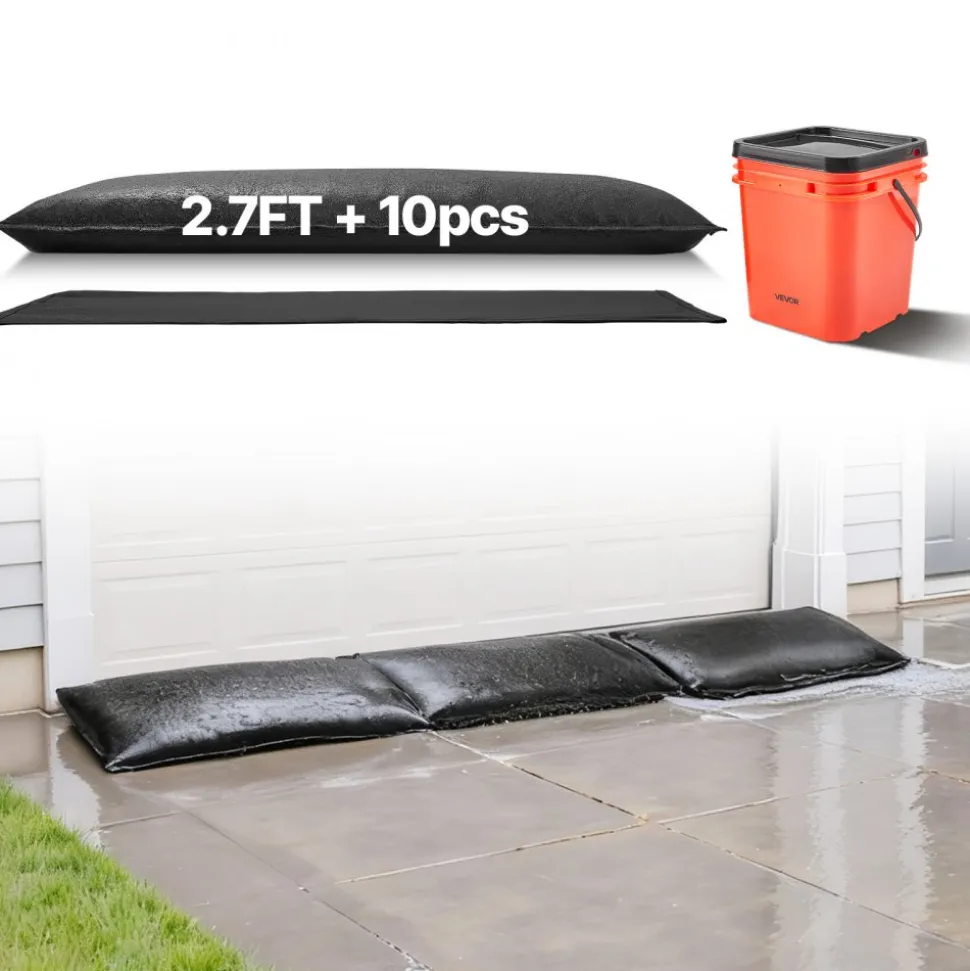 VEVOR Flood Barrier, 10 Pack, 1.4 x 2.7 ft Flood Bags with Bucket, Reusable Water Absorbent Barrier Activated by Water, Sandless Sandbags Blockage, Flooding Prevention Bags for Door, Basement, Garage