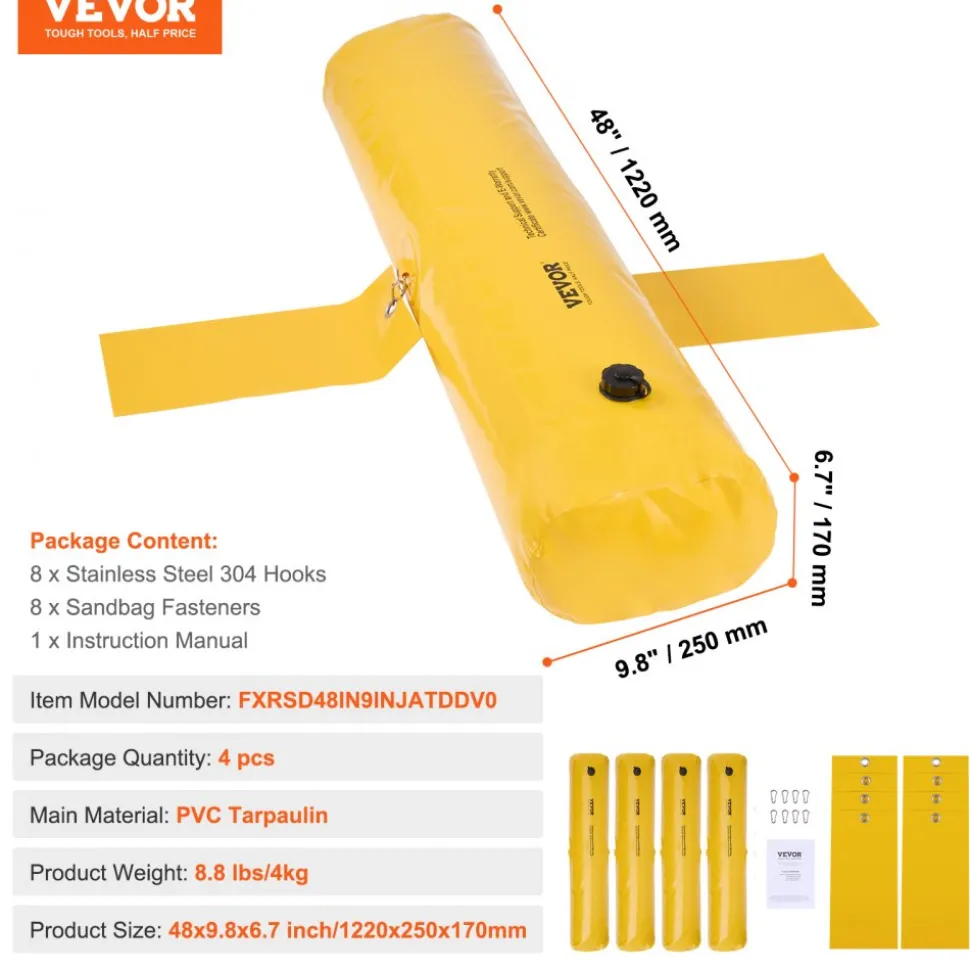 VEVOR Flood Barriers, Sandbag Alternative Flood Bags 4 Pack, Flood Barrier for Home, Water Barriers for Flooding, Doorway, Driveway(4FTx6in)