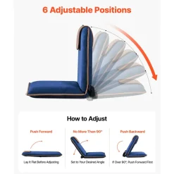 VEVOR Floor Chair, 6 Adjustable Positions Folding Floor Gaming Chair with Back Support, Easy to Carry, Sturdy Metal Frame with Recycled Foam and Suede Fabric Surface, for Reading, Relaxing, Dark Blue