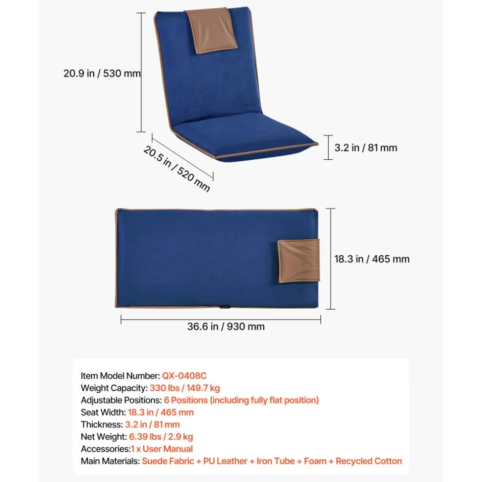 VEVOR Floor Chair, 6 Adjustable Positions Folding Floor Gaming Chair with Back Support, Easy to Carry, Sturdy Metal Frame with Recycled Foam and Suede Fabric Surface, for Reading, Relaxing, Dark Blue