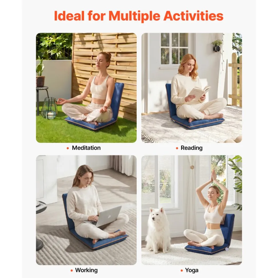 VEVOR Floor Chair, 6 Adjustable Positions Folding Floor Gaming Chair with Back Support, Easy to Carry, Sturdy Metal Frame with Recycled Foam and Suede Fabric Surface, for Reading, Relaxing, Dark Blue