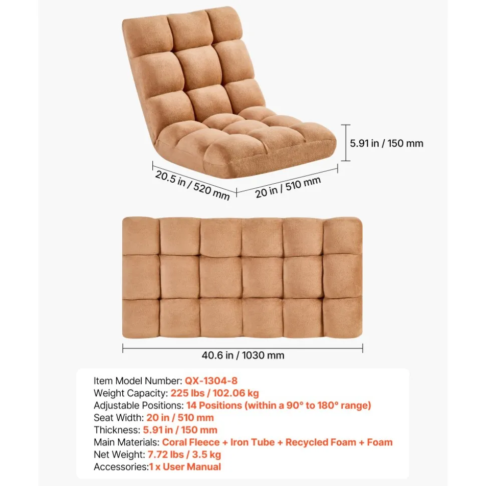 VEVOR Floor Chair, 14 Adjustable Positions Folding Floor Gaming Chair with Back Support, Sturdy Metal Frame with Recycled Foam and Coral Fleece Surface, Multifunctional for Reading, Relaxing, Brown