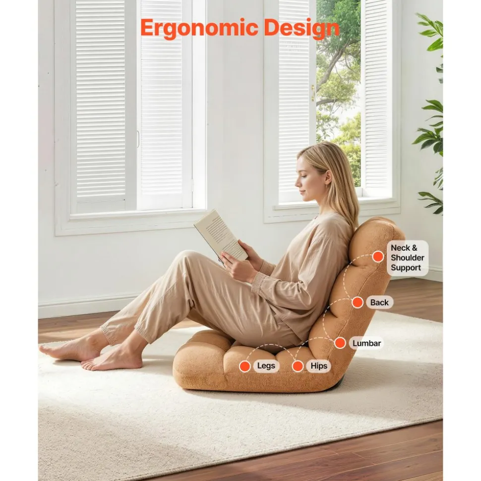 VEVOR Floor Chair, 14 Adjustable Positions Folding Floor Gaming Chair with Back Support, Sturdy Metal Frame with Recycled Foam and Coral Fleece Surface, Multifunctional for Reading, Relaxing, Brown