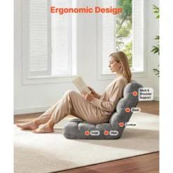 VEVOR Floor Chair, 14 Adjustable Positions Folding Floor Gaming Chair with Back Support, Sturdy Metal Frame with Recycled Foam and Coral Fleece Surface, Multifunctional for Reading, Relaxing, Gray