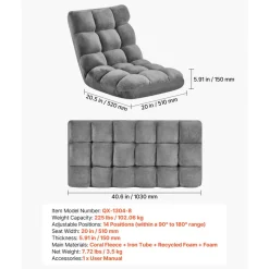 VEVOR Floor Chair, 14 Adjustable Positions Folding Floor Gaming Chair with Back Support, Sturdy Metal Frame with Recycled Foam and Coral Fleece Surface, Multifunctional for Reading, Relaxing, Gray