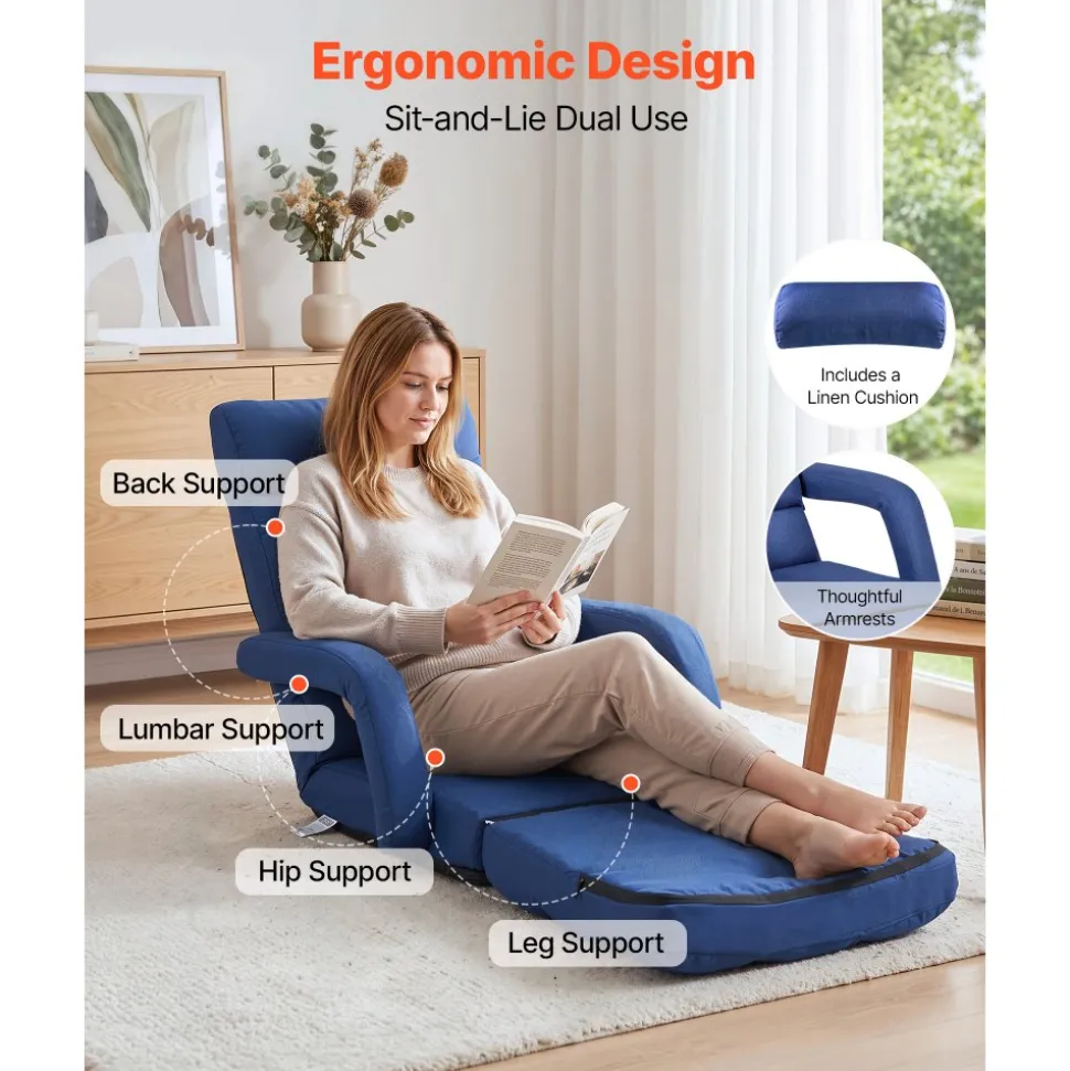 VEVOR Floor Chair, 5 Adjustable Positions Folding Floor Gaming Chair with Ergonomic Back Support, Sturdy Metal Frame with Recycled Foam and Linen Fabric, Multifunctional for Reading, Relaxing, Black
