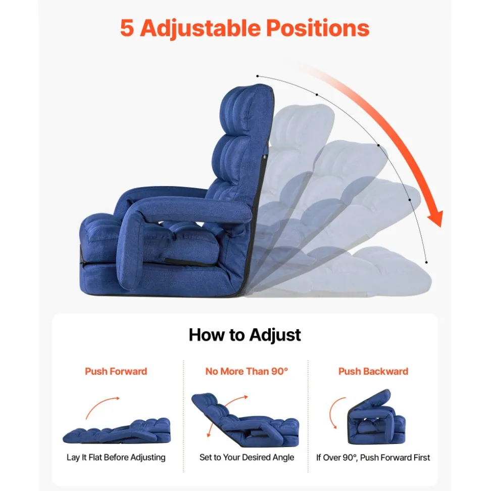 VEVOR Floor Chair, 5 Adjustable Positions Folding Floor Gaming Chair with Ergonomic Back Support, Sturdy Metal Frame with Recycled Foam and Linen Fabric, Multifunctional for Reading, Relaxing, Black