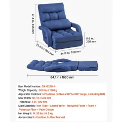 VEVOR Floor Chair, 5 Adjustable Positions Folding Floor Gaming Chair with Ergonomic Back Support, Sturdy Metal Frame with Recycled Foam and Linen Fabric, Multifunctional for Reading, Relaxing, Black