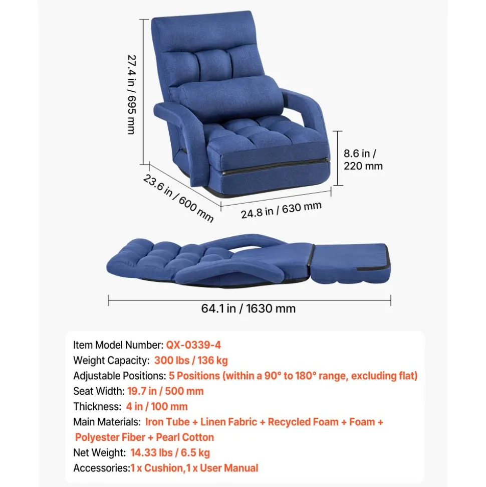 VEVOR Floor Chair, 5 Adjustable Positions Folding Floor Gaming Chair with Ergonomic Back Support, Sturdy Metal Frame with Recycled Foam and Linen Fabric, Multifunctional for Reading, Relaxing, Black
