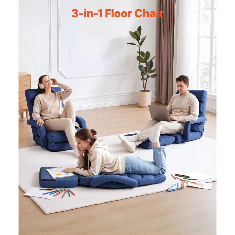 VEVOR Floor Chair, 5 Adjustable Positions Folding Floor Gaming Chair with Ergonomic Back Support, Sturdy Metal Frame with Recycled Foam and Linen Fabric, Multifunctional for Reading, Relaxing, Black