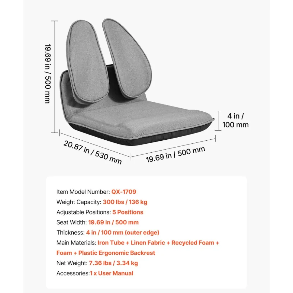 VEVOR Floor Chair, 5 Adjustable Positions Folding Floor Gaming Chair with Ergonomic Back Support, Sturdy Metal Frame with Recycled Foam and Linen Fabric, Multifunctional for Reading, Relaxing, Gray