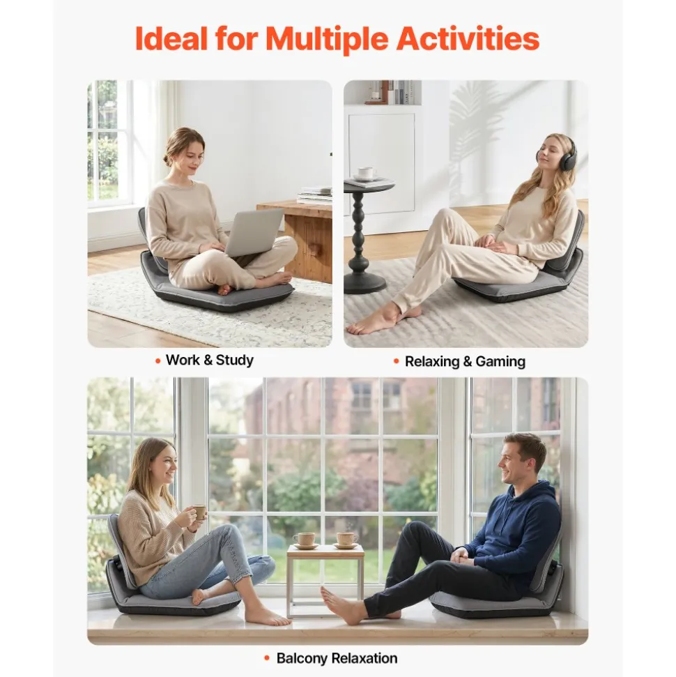 VEVOR Floor Chair, 5 Adjustable Positions Folding Floor Gaming Chair with Ergonomic Back Support, Sturdy Metal Frame with Recycled Foam and Linen Fabric, Multifunctional for Reading, Relaxing, Gray