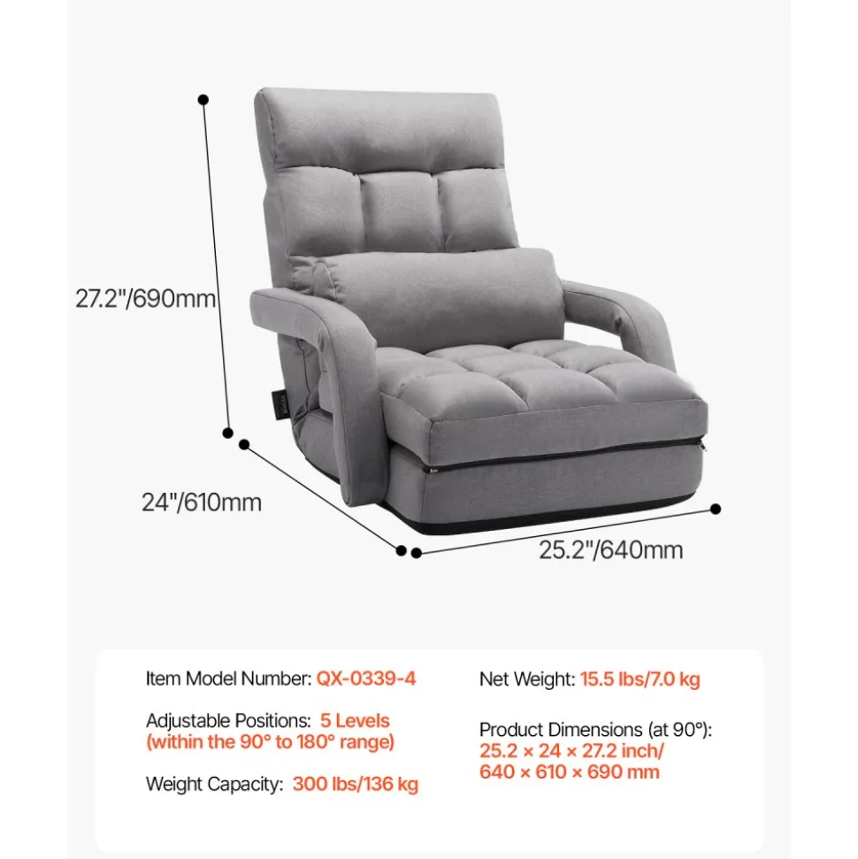VEVOR Floor Chair, Floor Gaming Chair with 5 Adjustable Position and Back Support, Folding Sofa Chair with Armrest for Adults, Sofa Lounger Bed with Back Cushion for Living Room and Bedroom, Gray