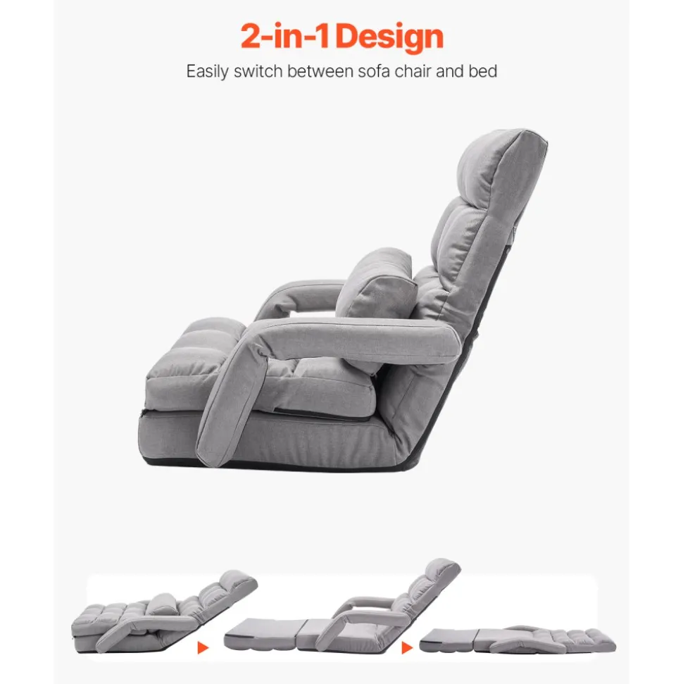 VEVOR Floor Chair, Floor Gaming Chair with 5 Adjustable Position and Back Support, Folding Sofa Chair with Armrest for Adults, Sofa Lounger Bed with Back Cushion for Living Room and Bedroom, Gray