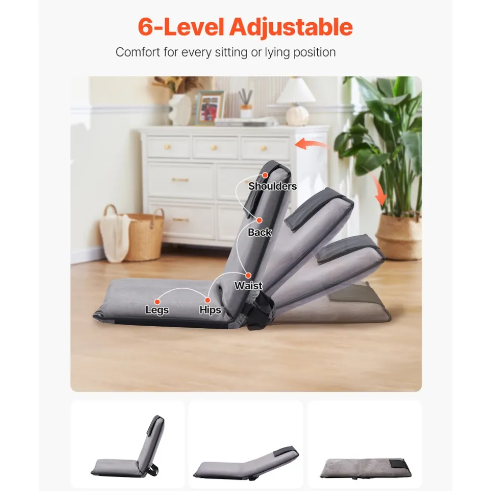 VEVOR Floor Chair, 6-Position Adjustable Meditation Chair with Back Support, Folding Sofa Chair for Reading TV Watching and Gaming, Portable Floor Seat Lounge Sofa Chair for Kids Teens Adults, Gray