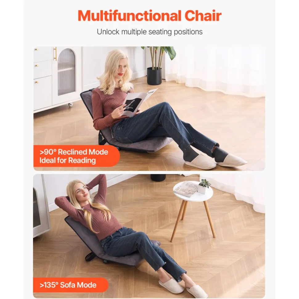 VEVOR Floor Chair, 6-Position Adjustable Meditation Chair with Back Support, Folding Sofa Chair for Reading TV Watching and Gaming, Portable Floor Seat Lounge Sofa Chair for Kids Teens Adults, Gray