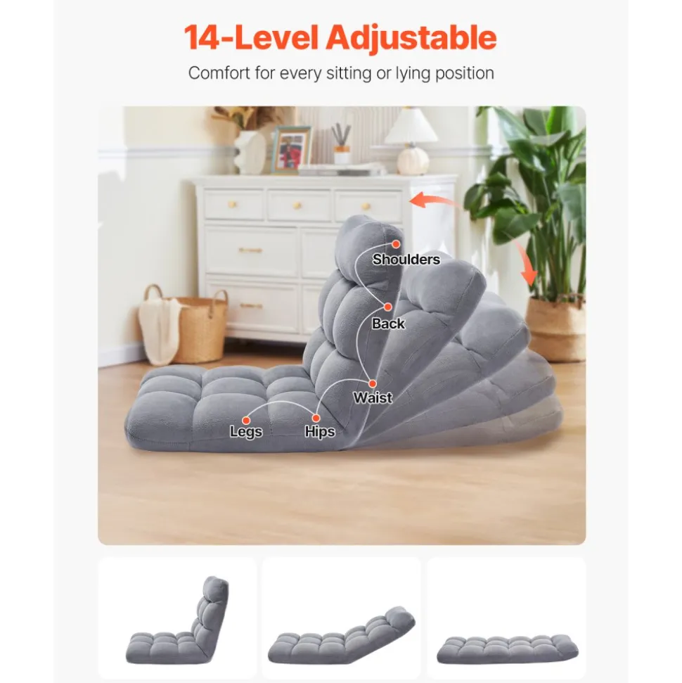 VEVOR Floor Chair, Recycled Foam Folding Sofa Chair with 14 Adjustable Positions, Multifunctional Floor Chair with Back Support Ideal for Sleeping Reading, Floor Gaming Chair Suitable for Kids, Gray