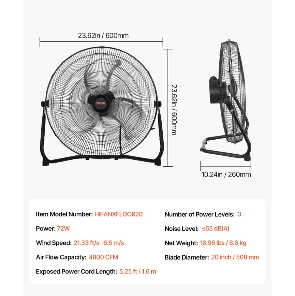 VEVOR Floor Fan, 3 Speeds High Velocity Heavy Duty 14 Inch Industrial Fan, 2560 CFM 360° Adjustable Tilt 19.69 ft/sec Airflow Large Metal Fan, for Home, Gym, Office, Garage, Commercial Shop & Bedroom