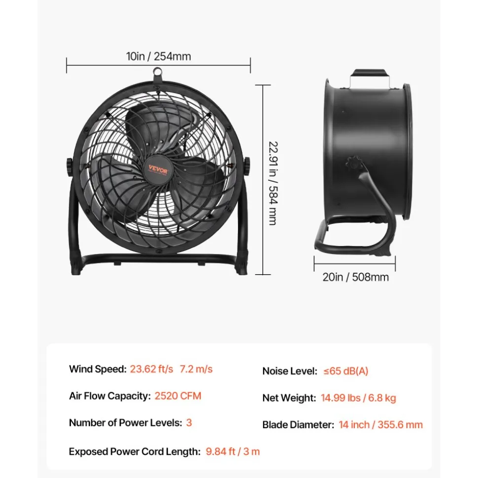 VEVOR Floor Fan, 3 Speeds High Velocity Heavy Duty 14 Inch Industrial Fan, 2520 CFM 360° Adjustable Tilt 23.62 ft/sec Airflow Large Metal Fan, for Home, Gym, Office, Garage, Commercial Shop & Bedroom