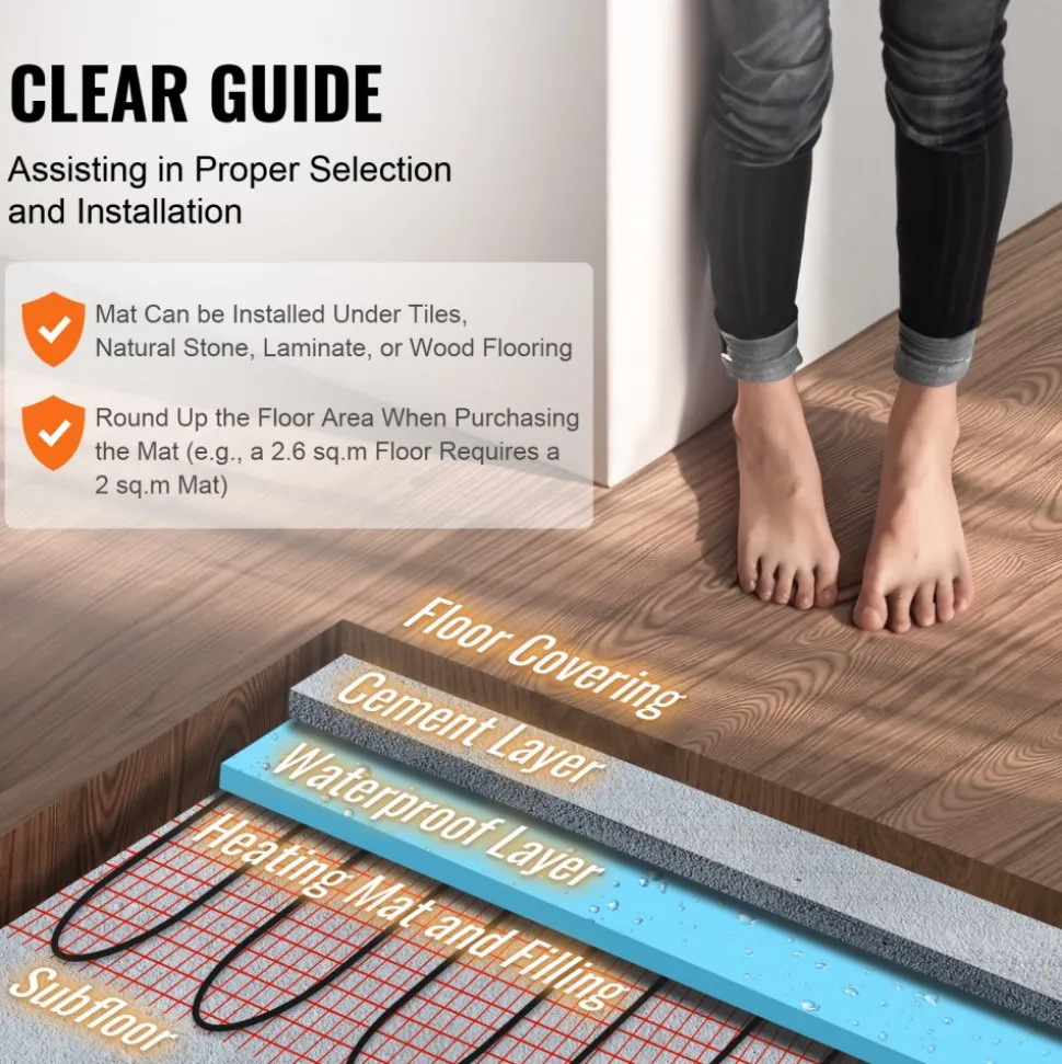 VEVOR Floor Heating Mat, 20 Sq. ft, Electric Radiant In-Floor Heated Warm System with Digital Floor Sensing Thermostat, Includes Installation Monitor, Adhesive Back for Easy Installation on The Floor