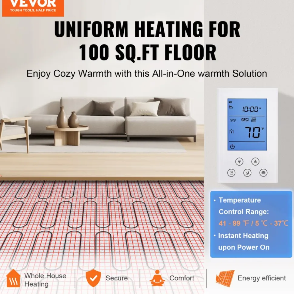 VEVOR Floor Heating Mat, 20 Sq. ft, Electric Radiant In-Floor Heated Warm System with Digital Floor Sensing Thermostat, Includes Installation Monitor, Adhesive Back for Easy Installation on The Floor