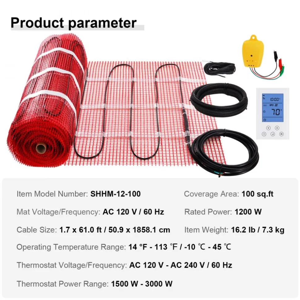 VEVOR Floor Heating Mat, 20 Sq. ft, Electric Radiant In-Floor Heated Warm System with Digital Floor Sensing Thermostat, Includes Installation Monitor, Adhesive Back for Easy Installation on The Floor