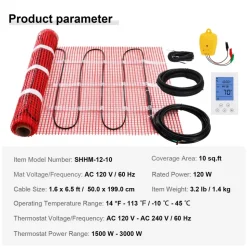 VEVOR Floor Heating Mat,10 Sq.ft. 14℉-113℉ Electric Radiant Floor Heated Warm System with Digital Floor Sensing Thermostat, 110-120V Includes Installation Monitor, Adhesive Back for Easy Installation